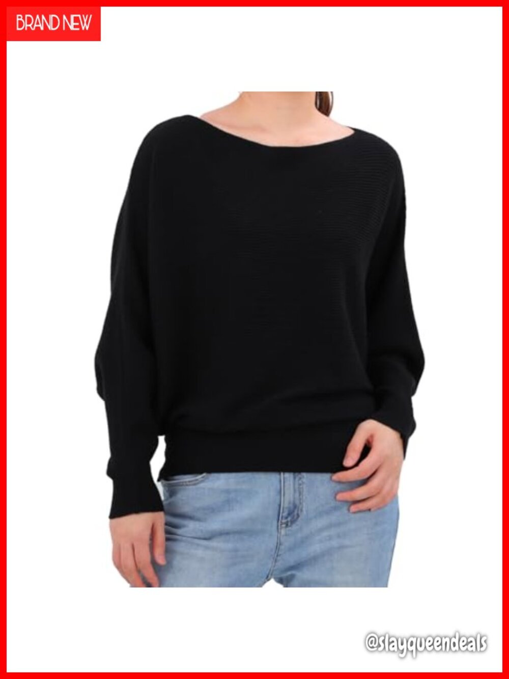 Oversized Boat Neck Batwing Sweater Loose Ribbed Knit Pullover